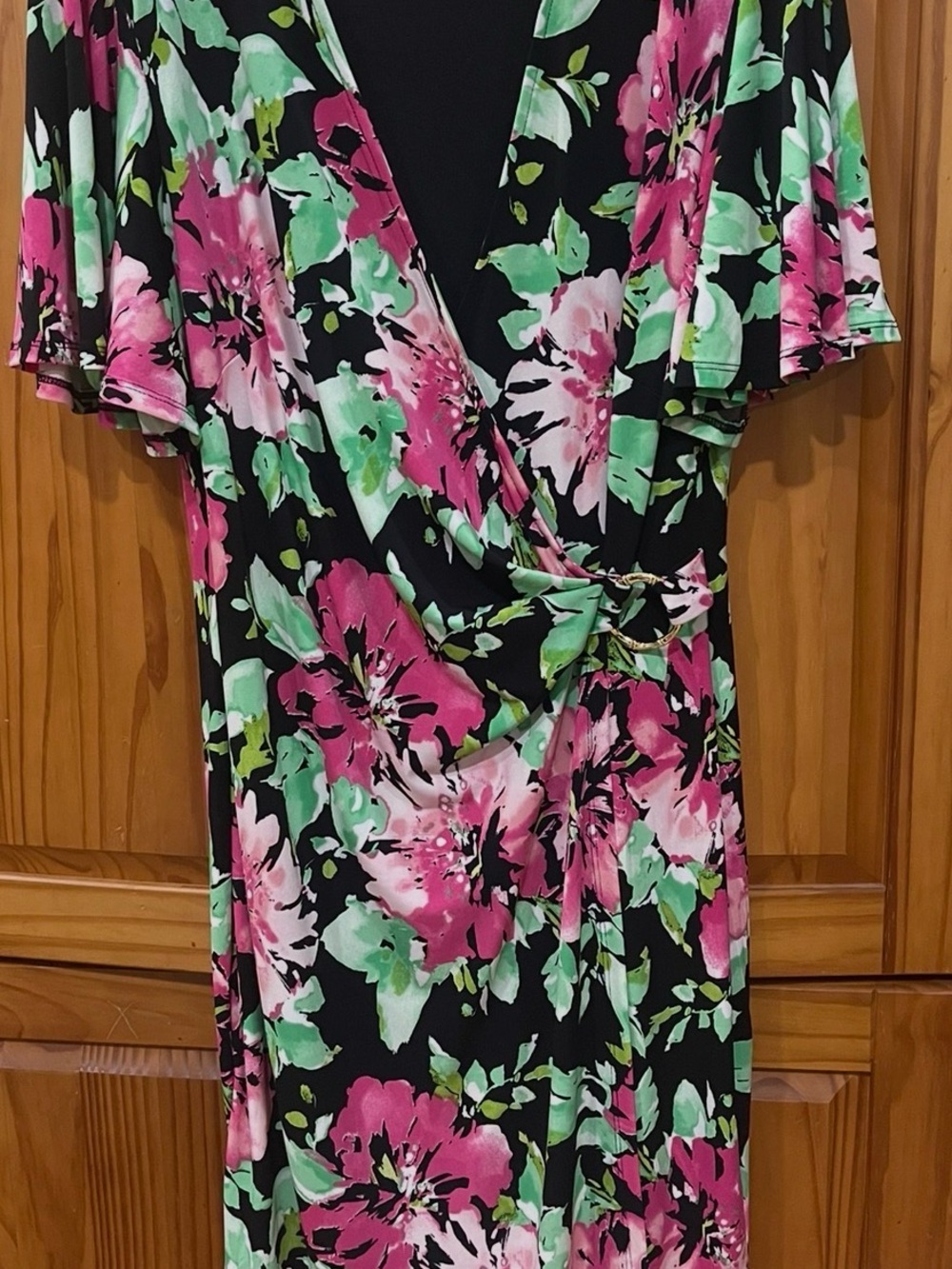 Evan Picone Black Label Midi Dress with Pink & Black & Green Floral Print